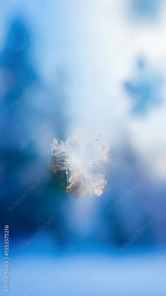 Poster macro video showing intricate crystal patterns of two delicate snowflakes against a light blue backg