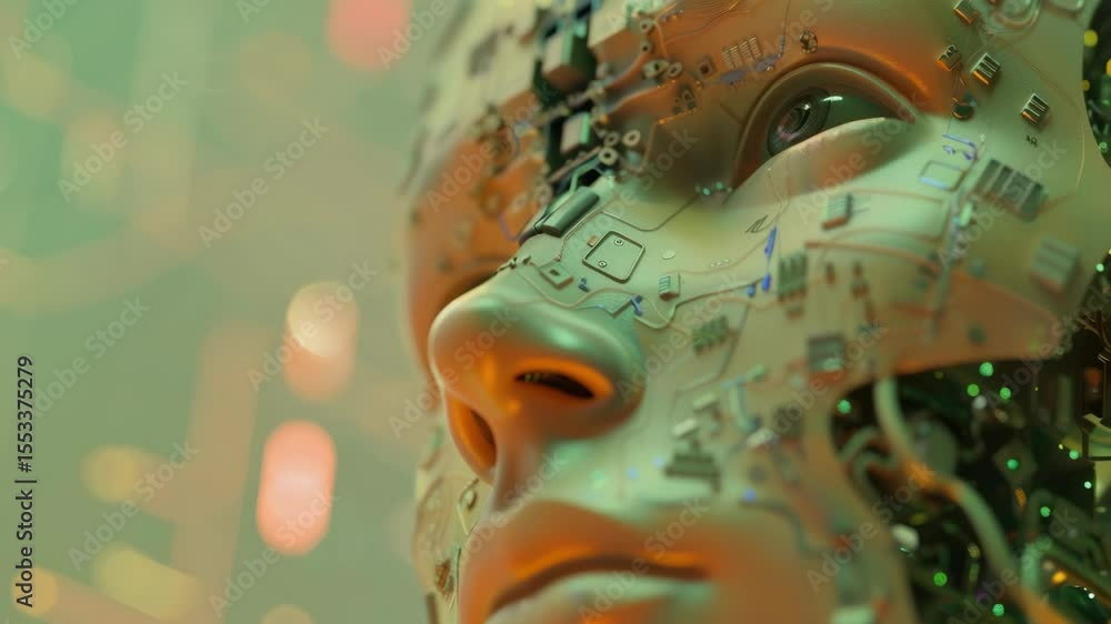 Aufkleber of a robotic head with intricate circuitry and digital components integrated into its design, repres