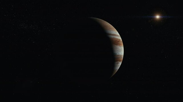 Dolly in jupiter with sun flare and starry background