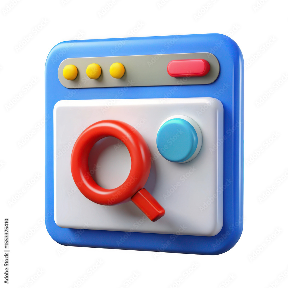 Poster 3d search engine interface with magnifying glass on transparent background