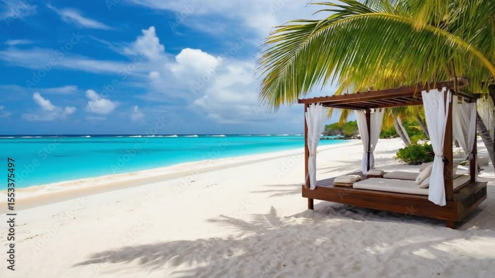 Poster relaxing beach cabana with turquoise waters and palm trees generative ai