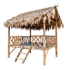 Isolated Bamboo Beach Hut on White Background Showing Tropical Architecture Details with Wooden Structure and Thatched Roof