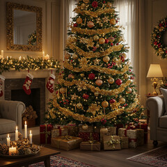 Christmas tree decorated with gold and red ornaments, surrounded by wrapped gifts and warm candlelight in cozy living room with stockings and festive wreaths