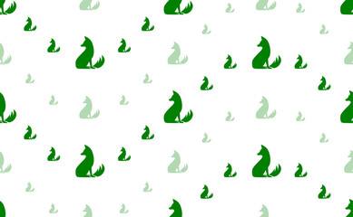 Seamless pattern of large and small green fox symbols. The elements are arranged in a wavy. Illustration on light green background