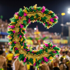 Colorful letter C decorated with vibrant green, pink, and yellow feathers and golden glitter, symbolizing festive carnival spirit and samba celebration at night event