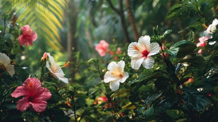 Vibrant hibiscus flowers in a lush garden setting