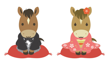 和服を着たかわいい馬の夫婦のイラスト、午年の年賀状素材