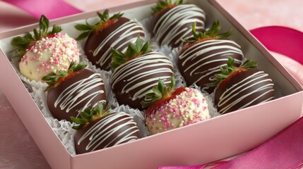 Chocolate-covered strawberries in a pink box
