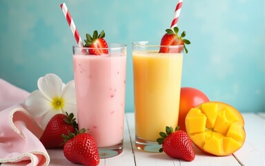 creamy strawberry mango and vanilla shakes, delicious drinks for summer. High quality