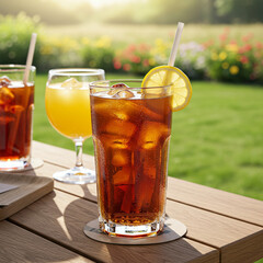 Refreshing iced tea with lemon slice and straw on wooden table outdoors with blurred garden background on sunny day