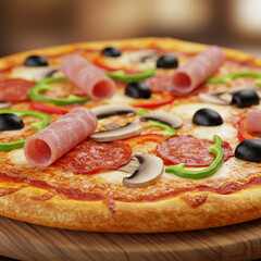 Delicious pizza with rolled ham, pepperoni, black olive, green bell pepper, and mushroom toppings on golden crust served on wooden board, perfect for tasty meal