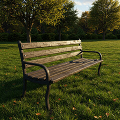 Empty wooden park bench on green grass with sunlight and trees in background, peaceful outdoor scene with natural light and autumn leaves scattered around