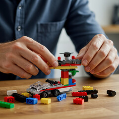 Hands building colorful toy construction with plastic bricks on wooden table, creative play and focus in casual environment