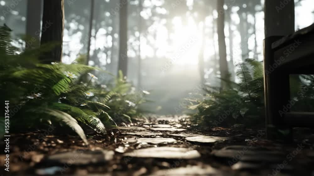 Poster sunlit forest path with rustic bench - a stone path winds through a sun-dappled forest, leading towa