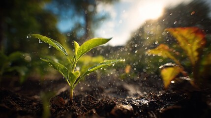 Young sprout in wet soil, vibrant green growth