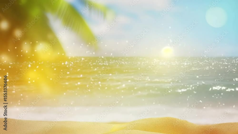 Poster sunset view over a sandy beach with gentle waves and palm trees generative ai