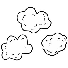Hand-drawn outline of three popcorn kernels in a cartoon style. Suitable for coloring pages, food-themed icons, or decorative patterns.