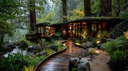 A beautiful treehouse hotel nestled in the redwood forest with warm lighting