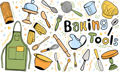 Set of hand drawn kitchen tools. Baking element with lettering. Vector illustration in doodle style. Bright colored elements isolated on white background.