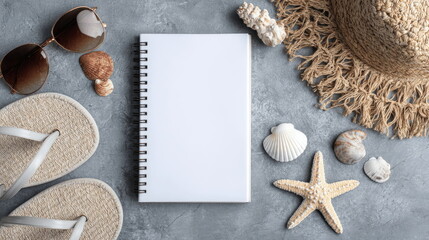 Stylish beach accessories arranged on a textured surface with an empty notebook for creative thoughts Generative AI