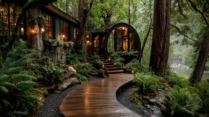 Treehouse hotel nestled in a redwood forest featuring a warm interior and lush greenery