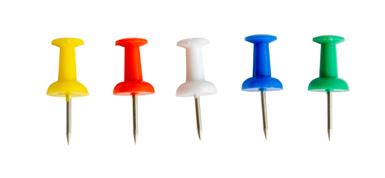 The Red yellow white blue and green pin for stick paper note isolate on white - Powered by Adobe