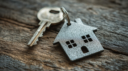 Silver key and house icon placed on rustic wooden surface.