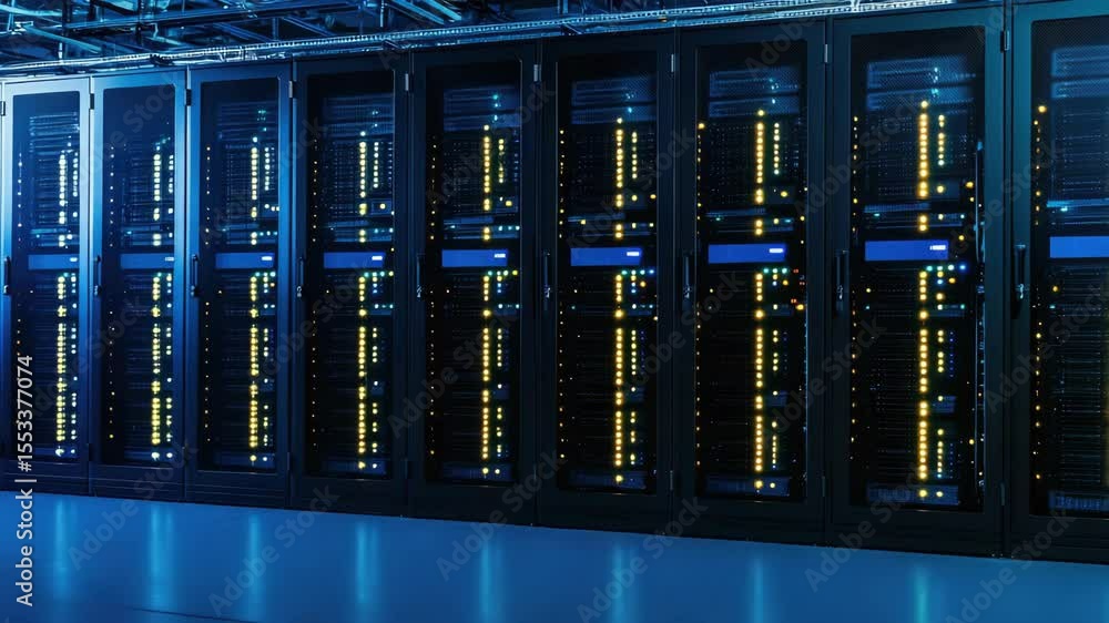 Poster rows of servers for data processing, cloud services, or enterprise it systems.