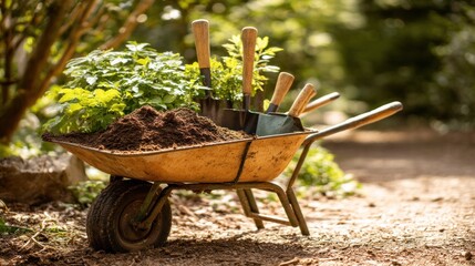 Gardening wheelbarrow filled with soil and plants