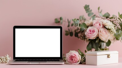 Elegant workspace featuring a laptop, fresh roses, and decorative box on a pink background