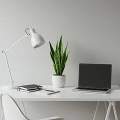 Minimalist workspace with green plant, laptop, white desk lamp, notebooks, and chair against plain wall, creating clean and calm office environment for productivity and focus