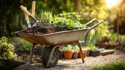 Garden wheelbarrow filled with soil and plants, gardening tools