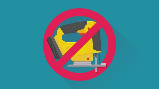 Appearance of a crossed out red circular prohibition symbol on a jigsaw on a blue background with a long shadow in a flat design style