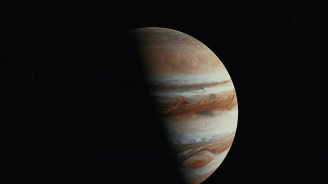 Jupiter fast moving orbiting with sun flare into camera
