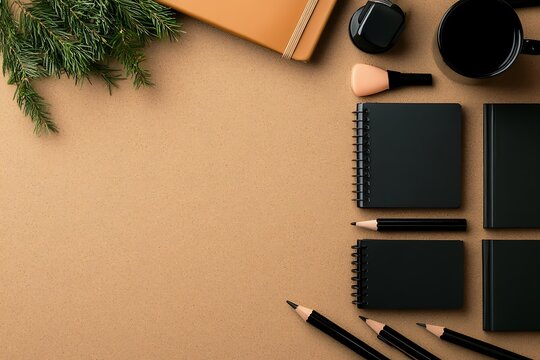 Overhead view of a desk with notebooks pencils a coffee mug and fir branches - Powered by Adobe