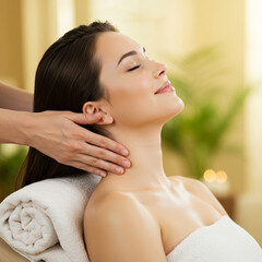 Young woman enjoying spa treatment with neck massage, relaxed and peaceful expression in calm wellness environment
