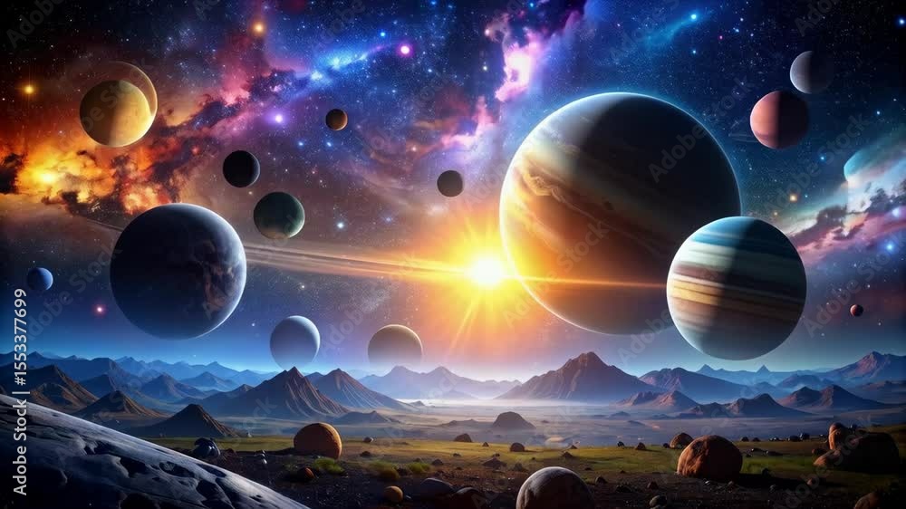 Poster surreal planetary system with multiple planets over an alien landscape under a vibrant nebula in dee
