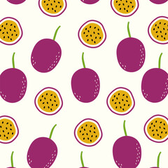 Seamless pattern with hand drawn passion fruit. Tropical wallpaper for kitchen, packaging, textiles, wrapping paper.	
