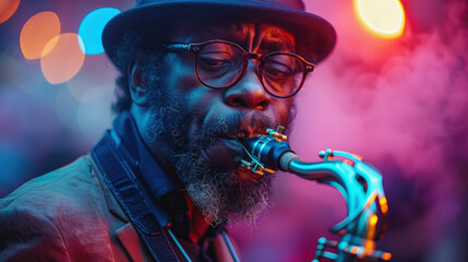 A close-up of an elderly African American man wearing glasses and a hat, passionately playing a saxophone. The colorful bokeh lights and smoke create a vibrant jazz club atmosphere