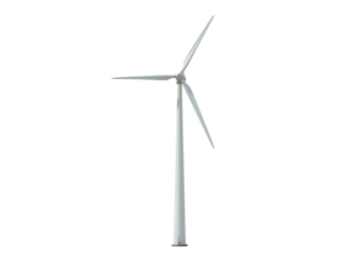 Modern wind turbine with three blades generating renewable energy isolated on transparent background