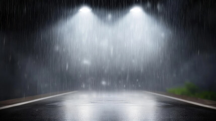 Obraz premium Rainy night scene with two bright streetlights illuminating wet road, creating reflections on surface. atmosphere is moody and serene, with blurred raindrops and misty background