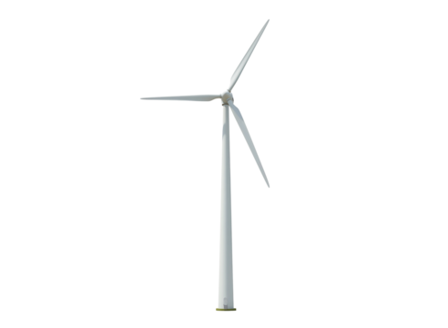 Modern wind turbine with three blades generating renewable energy isolated on transparent background