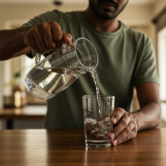 Man pouring water into glass with clear pitcher on wooden table in cozy kitchen, capturing refreshing moment of hydration and calm daily routine