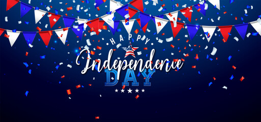 Fourth of July Independence Day Sale Banner Design with American Flag Pattern Party Flag on Night Sky Blue Background. 4th of July USA National Holiday Vector Illustration with Typography Elements for
