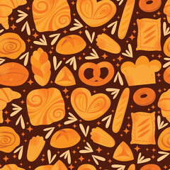 Seamless pattern baked goods croissant, loaf, pretzel, bun, baguette, roll, danish pastry, and donut isolated on dark background. Flat vector illustration. Bakery and food concept cooking pastry