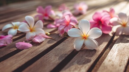 Delicate pink and white plumeria flowers scattered on wooden planks