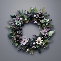 A beautifully arranged floral wreath featuring various artificial flowers, pinecones, and greenery. The colors include shades of purple, green, and silver, set against a gray background.
