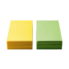 Stack of yellow and green paper sheets arranged neatly for creative projects and office supplies on transparent background