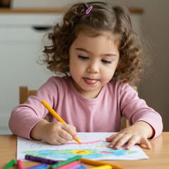 Young child drawing with crayons on paper at table, focused and playful expression, curly hair, wearing pink long sleeve shirt, indoor activity, creative learning moment