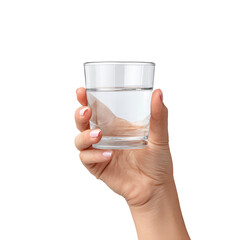 Woman holding transparent glass of clean water with soft natural light demonstrating hydration and wellness on transparent background
